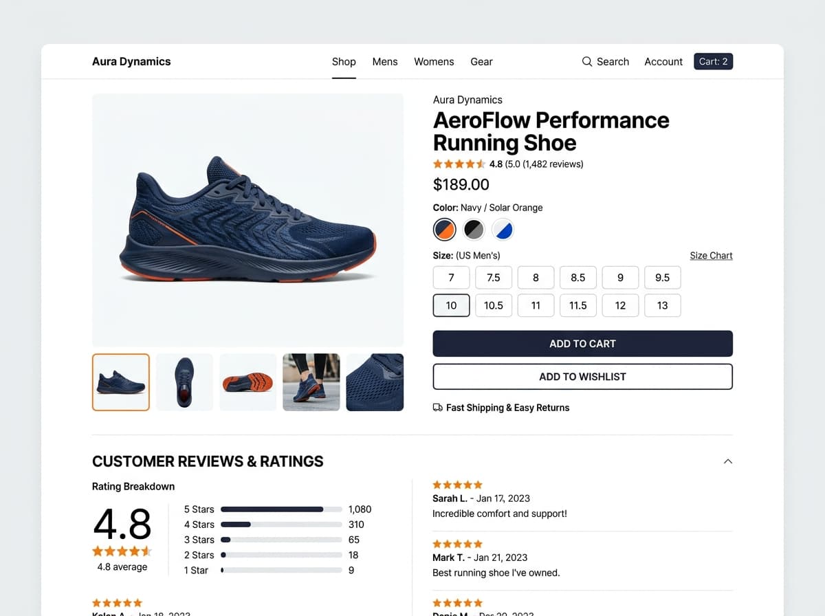 Interactive product detail page featuring color swatches, rating breakdown, and instant buy