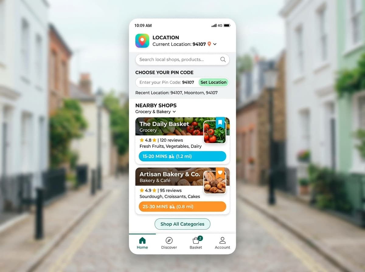 Hyperlocal neighborhood discovery mobile app with pin code switcher and local merchant cards