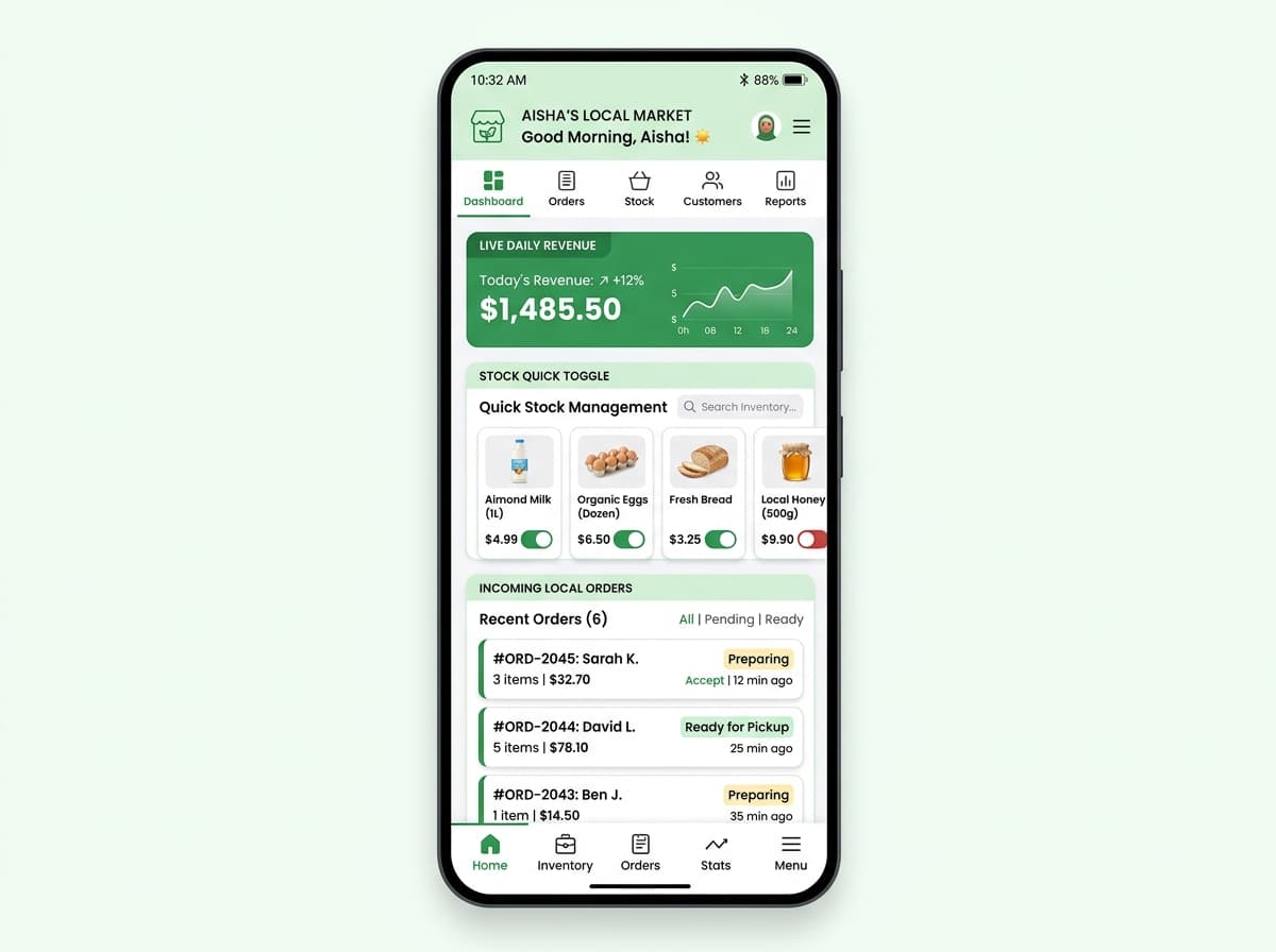Local shopkeeper merchant mobile app for daily inventory toggling and incoming orders