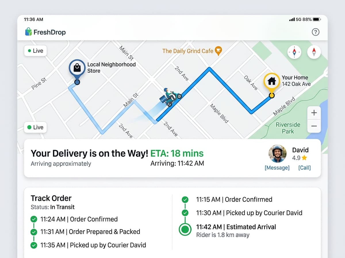 Live local delivery map tracking interface showing courier rider route to doorstep