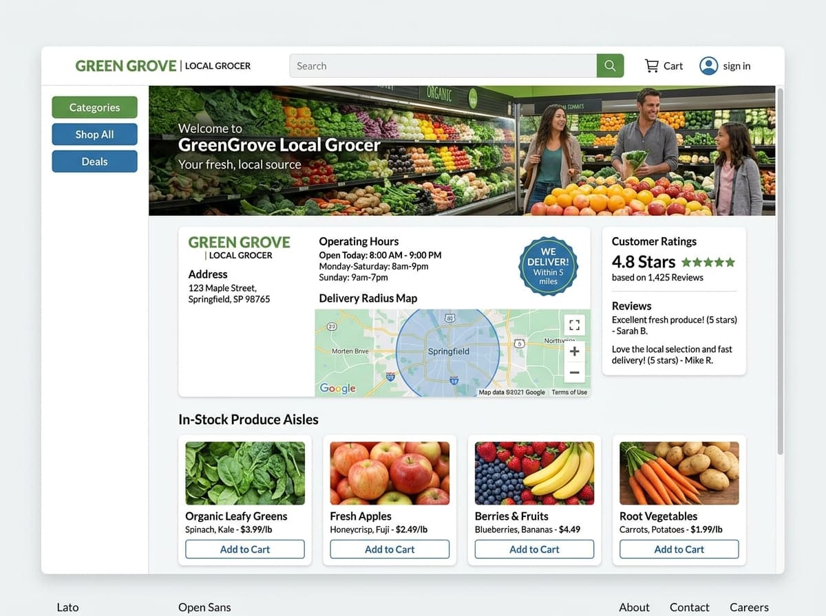Neighborhood grocery store digital catalog page with delivery radius badge
