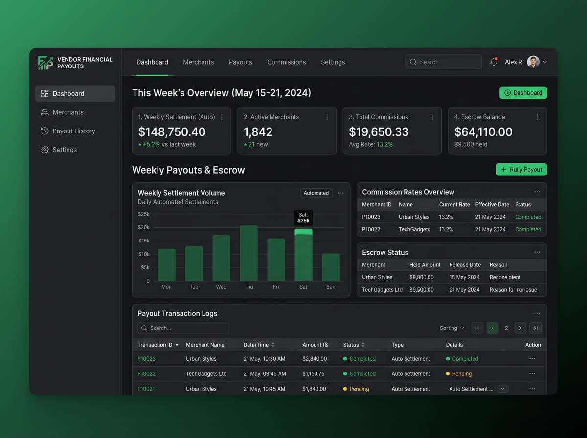 Automated vendor settlement and commission financial management dashboard