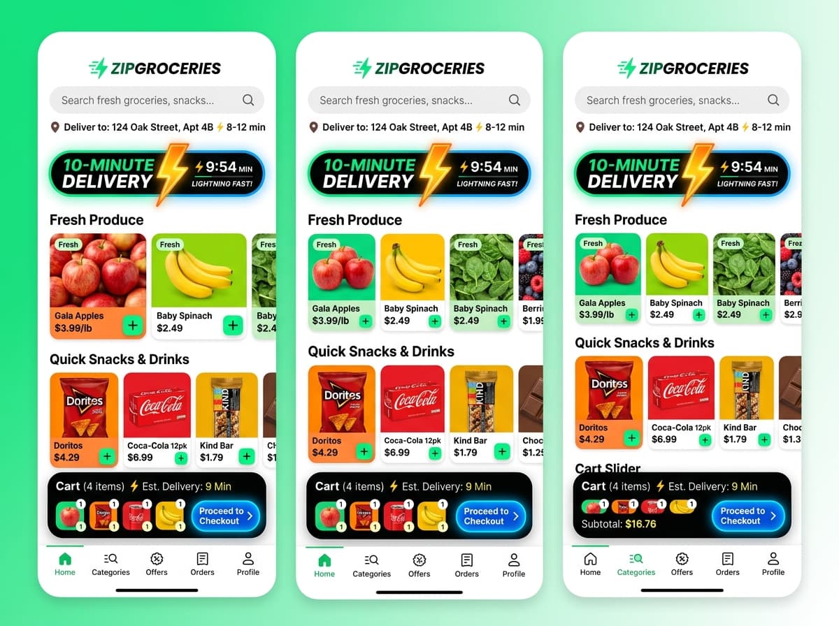 High-speed 10-minute grocery delivery customer app interface with live countdown timer