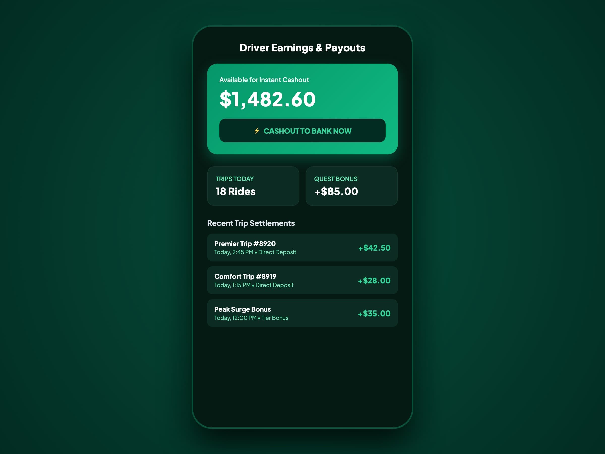 Driver earnings and automated payout wallet dashboard with instant bank deposit