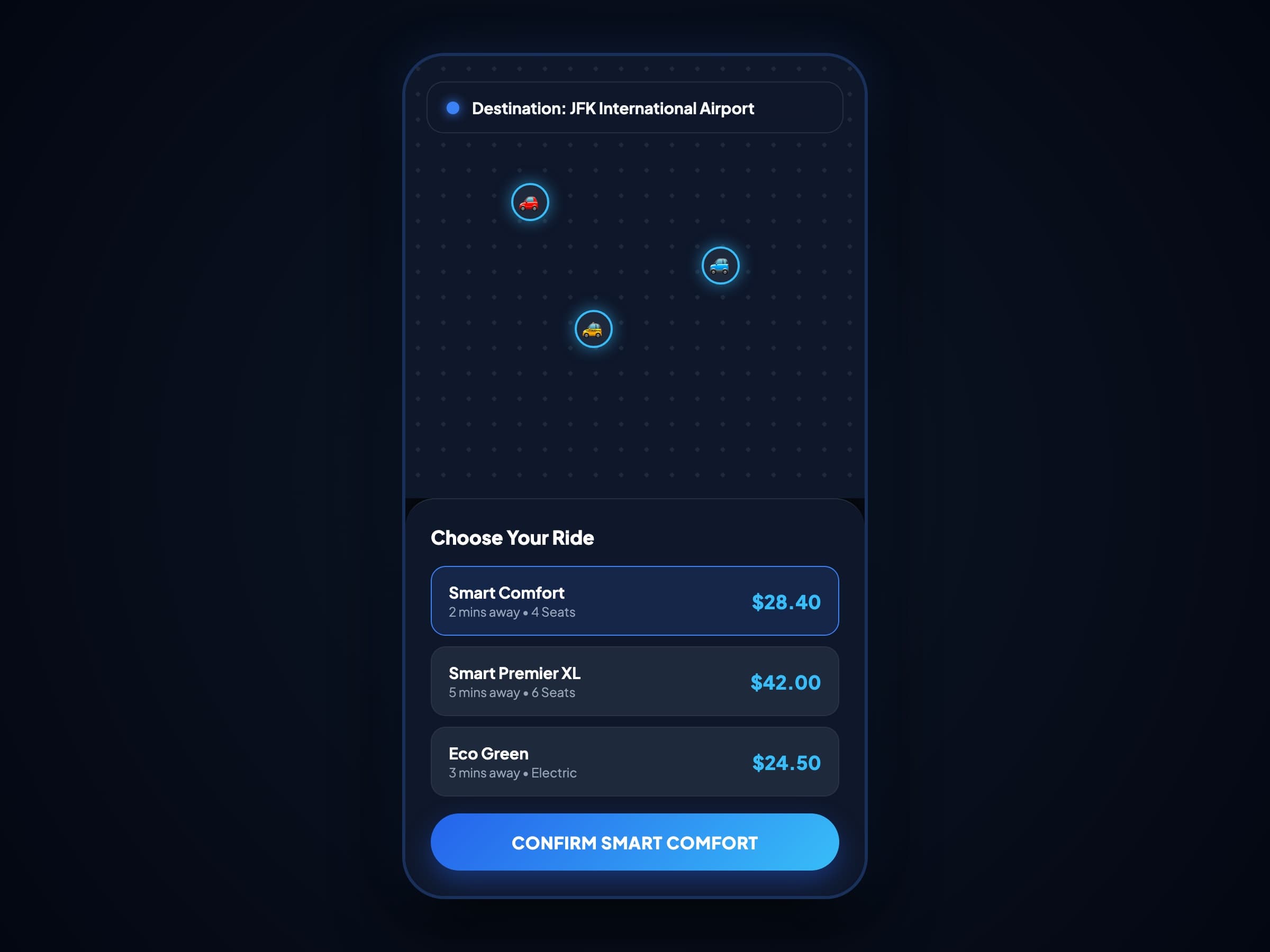 On-demand ride-hailing rider booking interface with 3D map and vehicle tier selection